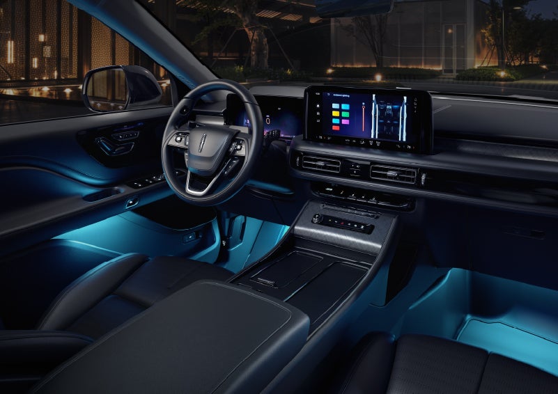 Deep blue ambient lighting glows from various places within a 2026 Lincoln Aviator® SUV. | Bill Collins Lincoln of Louisville in Louisville KY